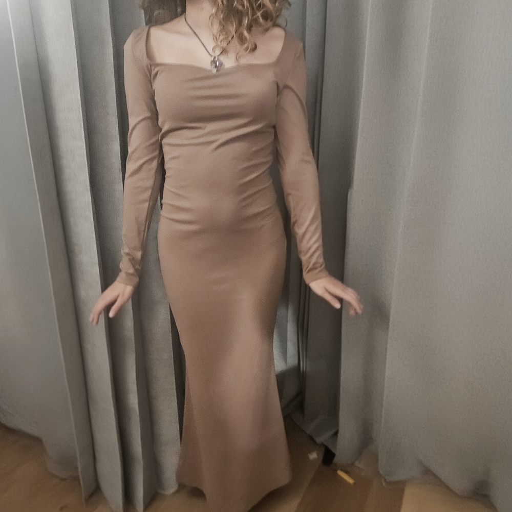Elegant Long Sleeve Tan Dress